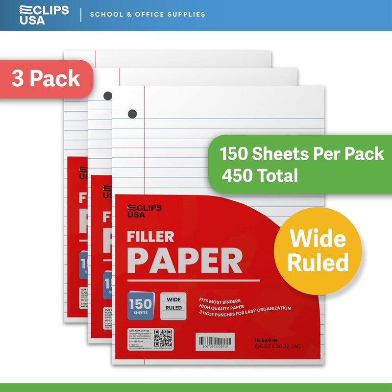 VEEBOOST Graph Paper Wide Ruled Loose Leaf Paper Wide Ruled Notebook Paper Lined Writing Filler Paper 10.5” x 8” 56 gsm 450 Sheets 150 Sheet Per Pack (3 Pack) - Image 4